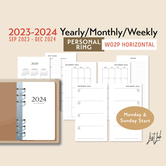 Sep 2023 - Dec 2024 Personal Ring Yearly/Monthly/Weekly Horizontal Printable Set