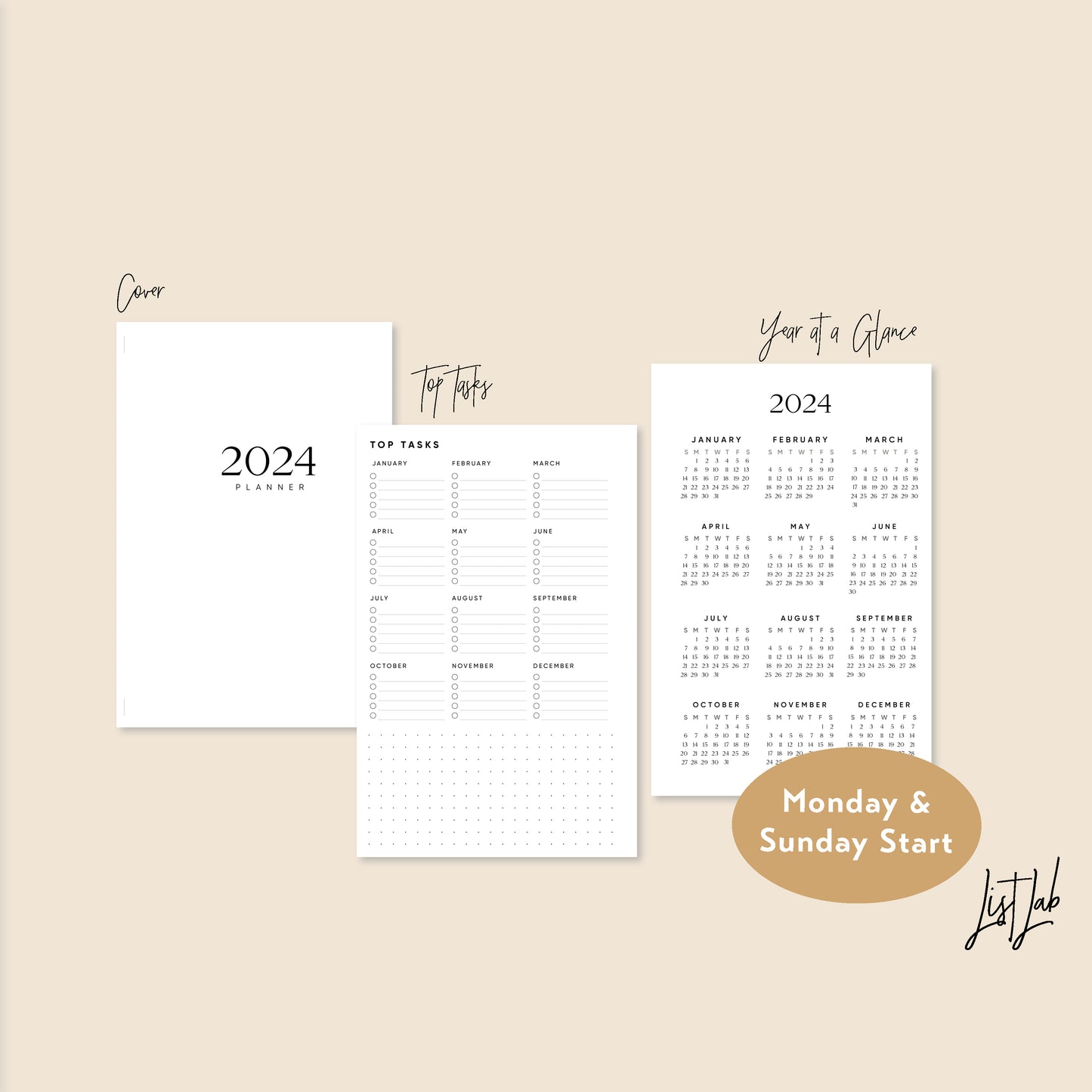 Aug 2023 - Dec 2024 Mini Disc Yearly/Monthly/Weekly Horizontal Printable Set