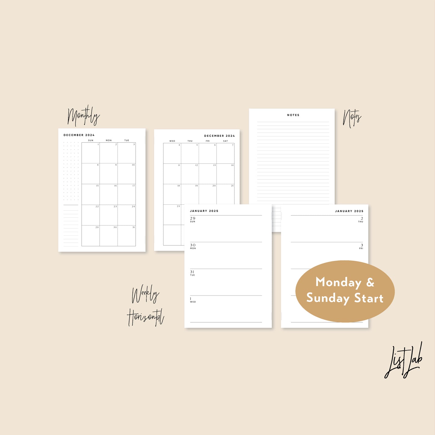 2024 Personal Wide Ring Yearly/Monthly/Weekly Horizontal Printable Set