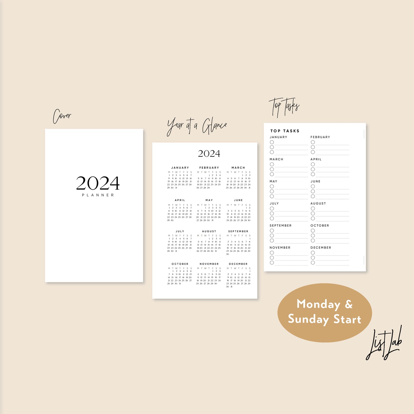 Aug 2023 - Dec 2024 Pocket Ring Yearly/Monthly/Weekly Horizontal Printable Set