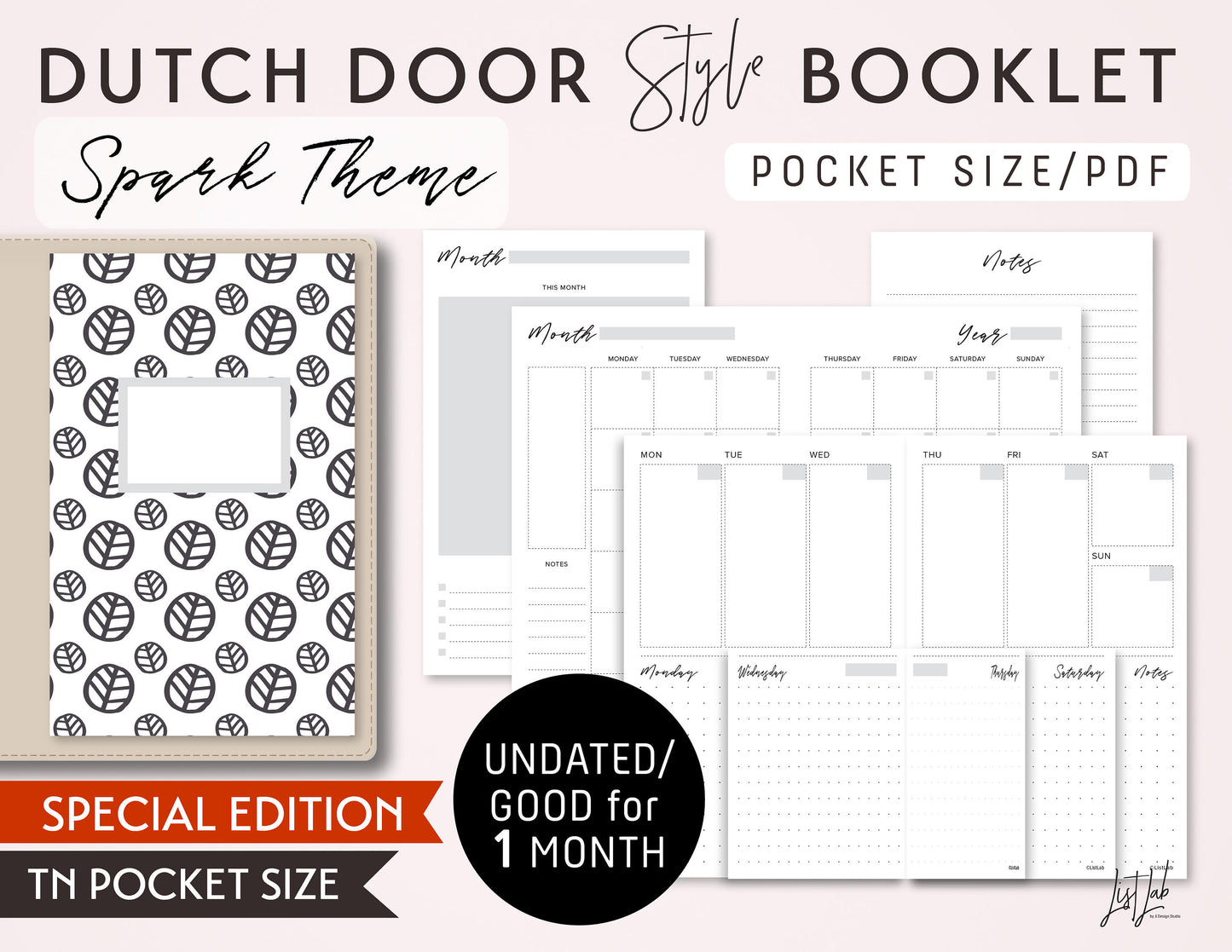 Pocket TN DUTCH DOOR Style Size Monthly-Weekly-Daily Dot Grid TN Printable Booklet Set