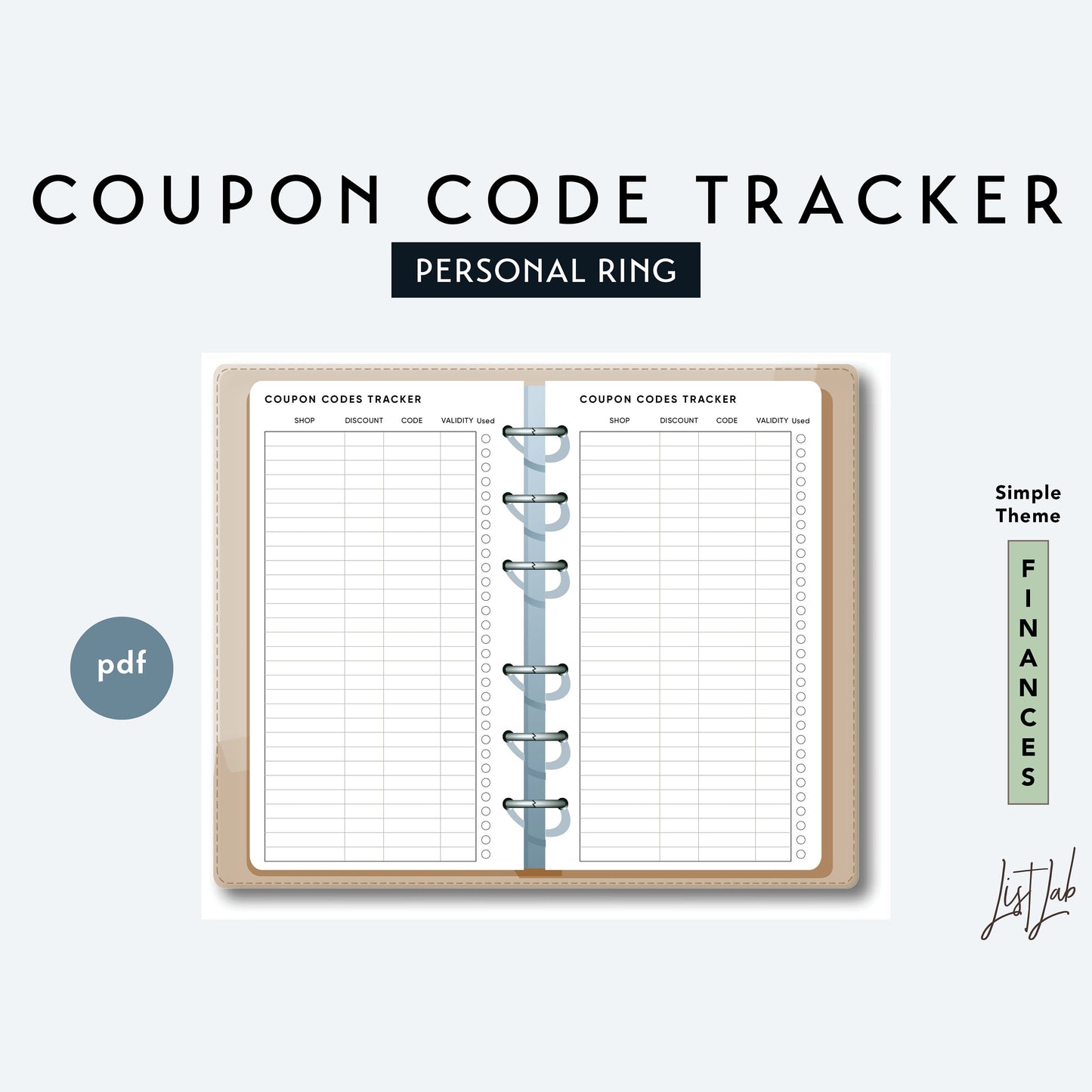 Personal Ring COUPON CODE TRACKER Printable Insert Set