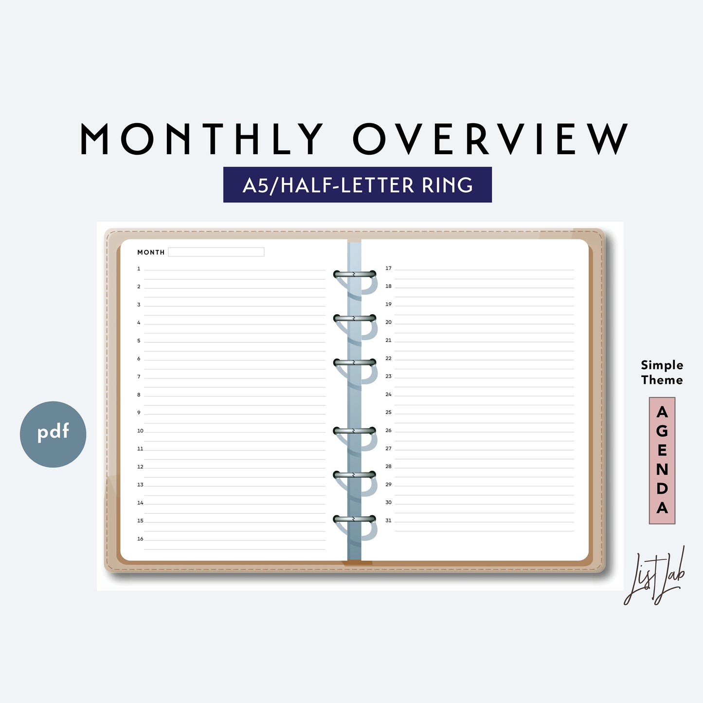 A5 and Half-Letter Ring MONTHLY OVERVIEW Printable Set