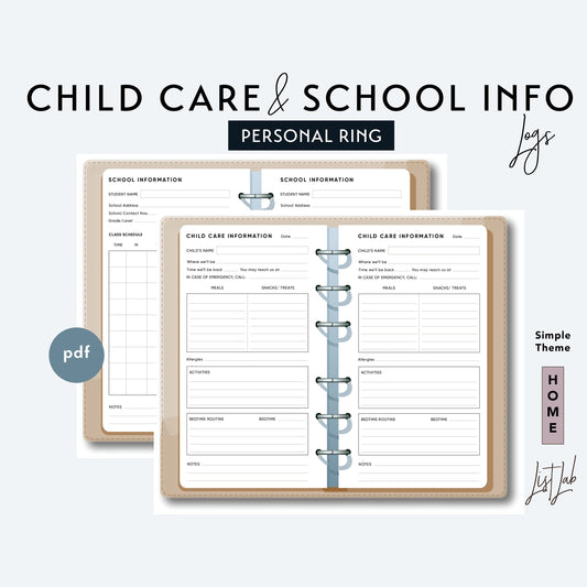 Personal Ring CHILD CARE INFO and SCHOOL INFO Logs Printable Insert Set