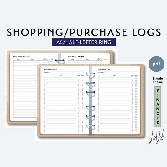 A5 / Half-Letter Ring SHOPPING List and PURCHASE Trackers Printable Set
