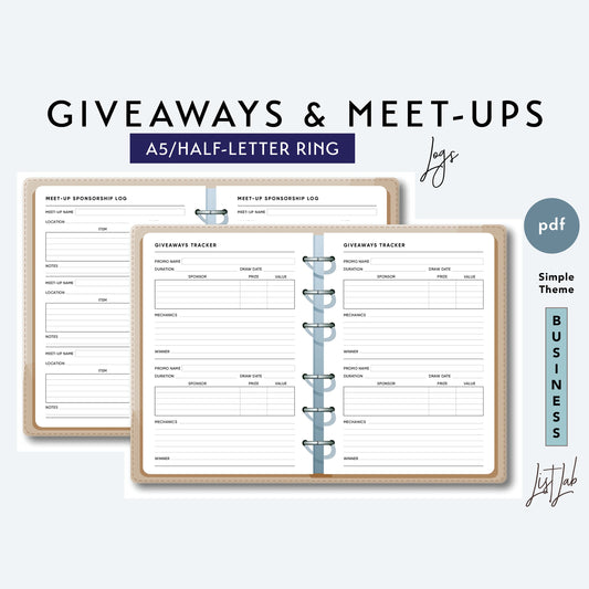 A5 / Half-Letter Ring GIVEAWAYS and MEET-UP Logs Printable Set