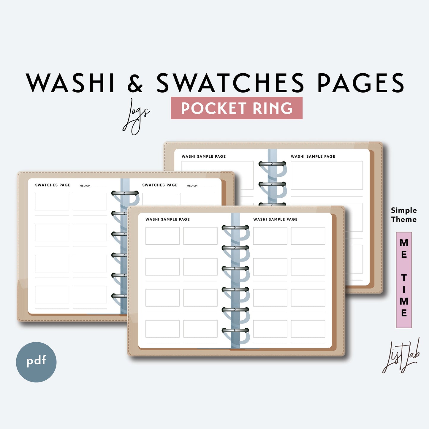 Pocket Ring WASHI SAMPLE and SWATCHES Pages Set Printable Insert Set