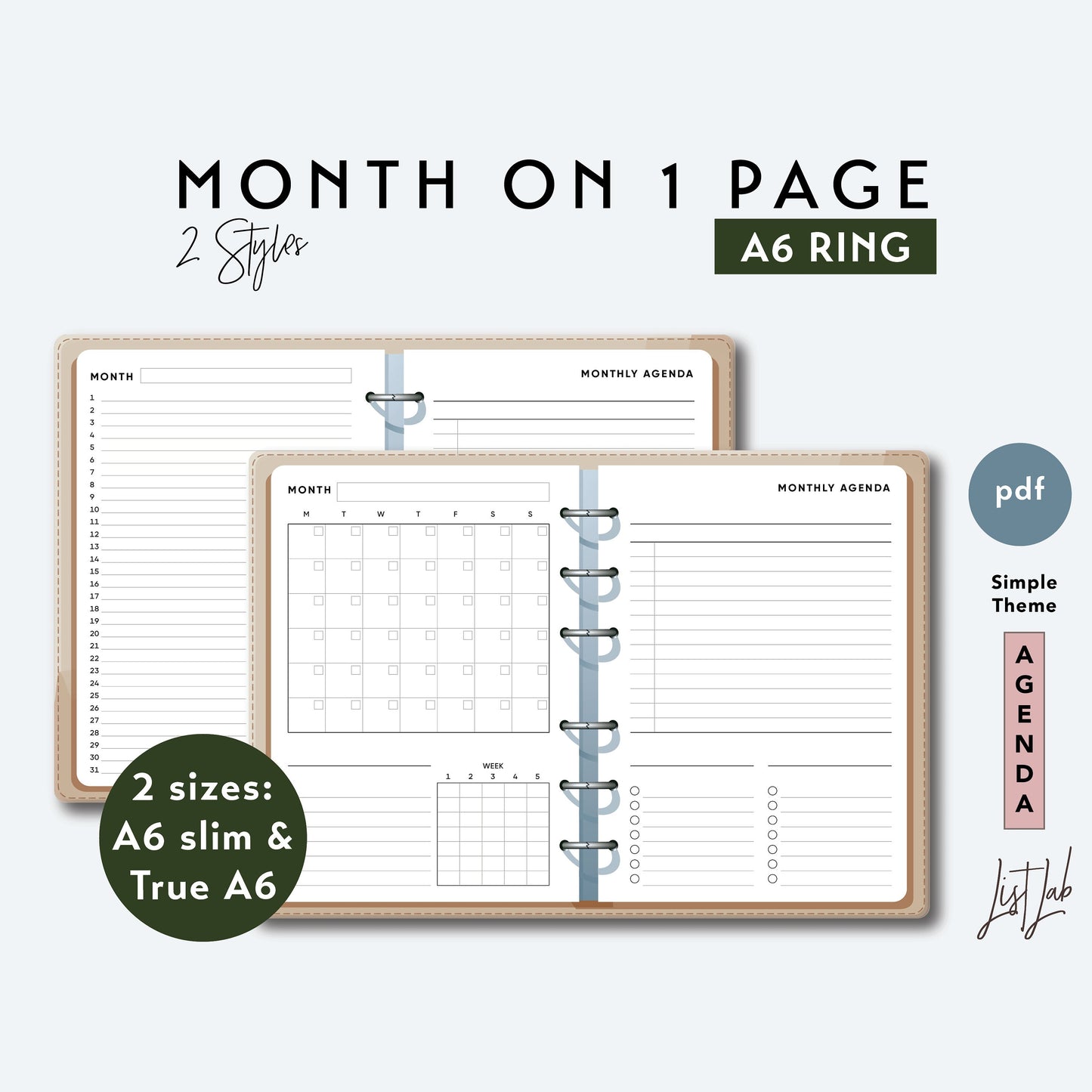 A6 Ring MONTH ON 1 PAGE with Lists and Tracker Printable Set