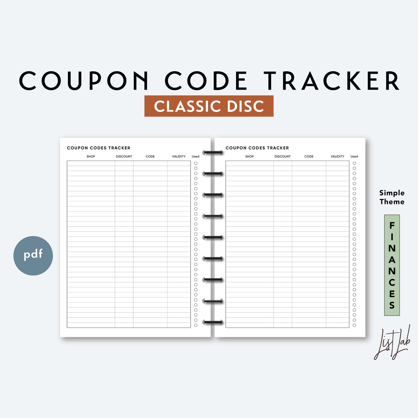 Classic Discbound COUPON CODE TRACKER Printable Insert Set