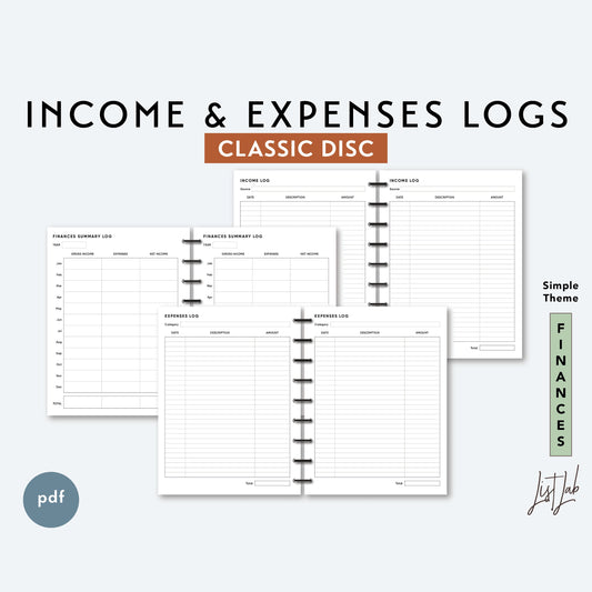 Classic Discbound EXPENSES and INCOME LOGS Set Printable Insert Set
