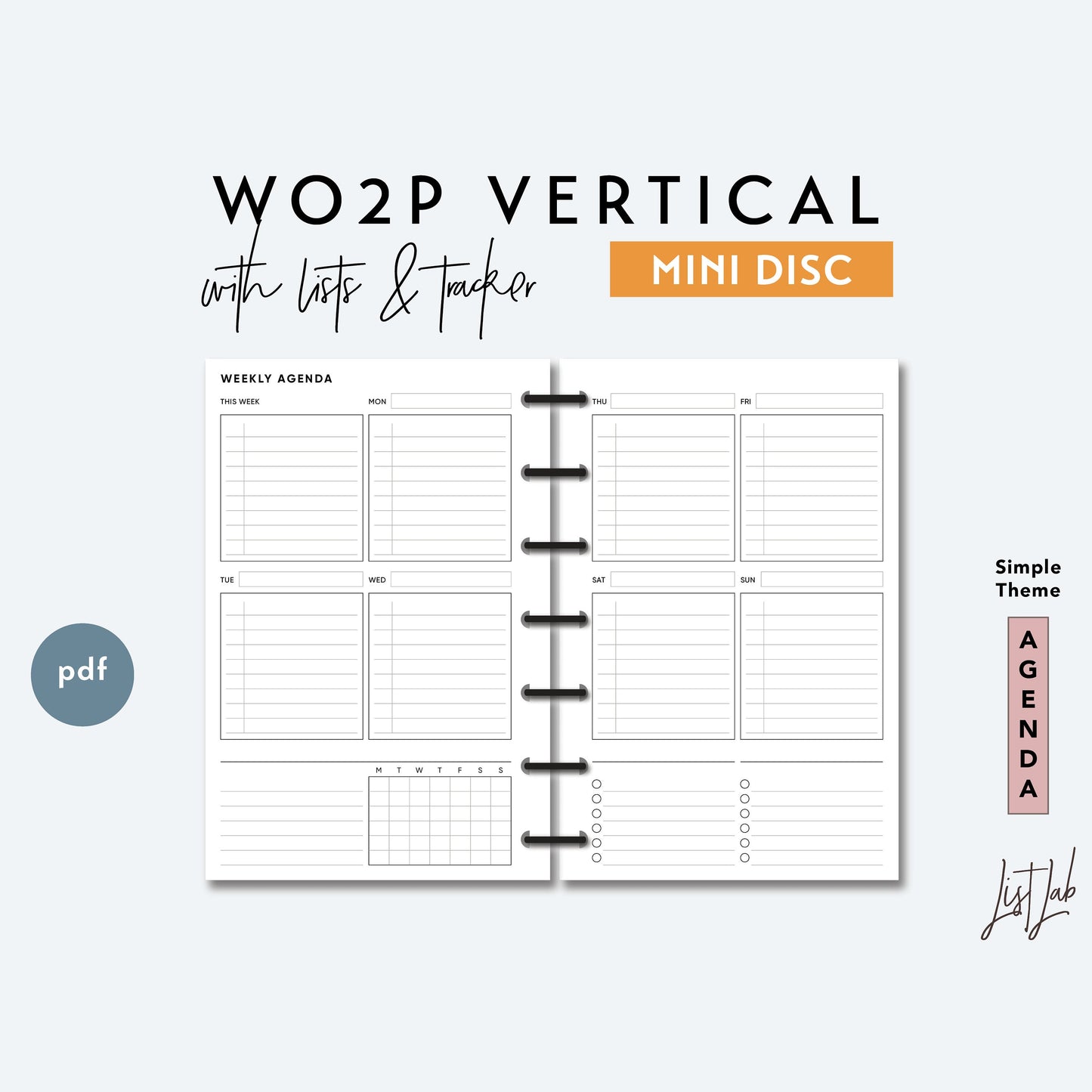 MINI Discbound WO2P VERTICAL with Lists and Tracker Printable Insert Set