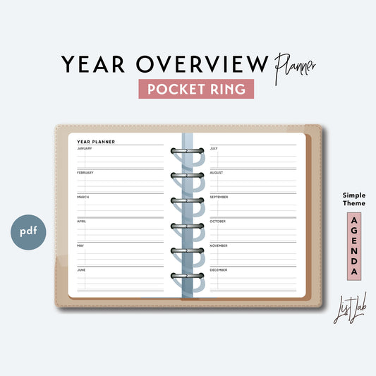Pocket Ring YEAR OVERVIEW PLANNER with Lists and Tracker Printable Insert Set