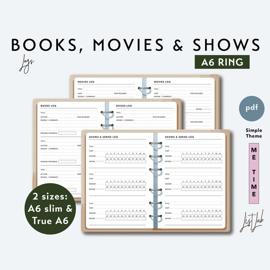 A6 Ring BOOKS, MOVIES & SHOWS LOGS Printable Set
