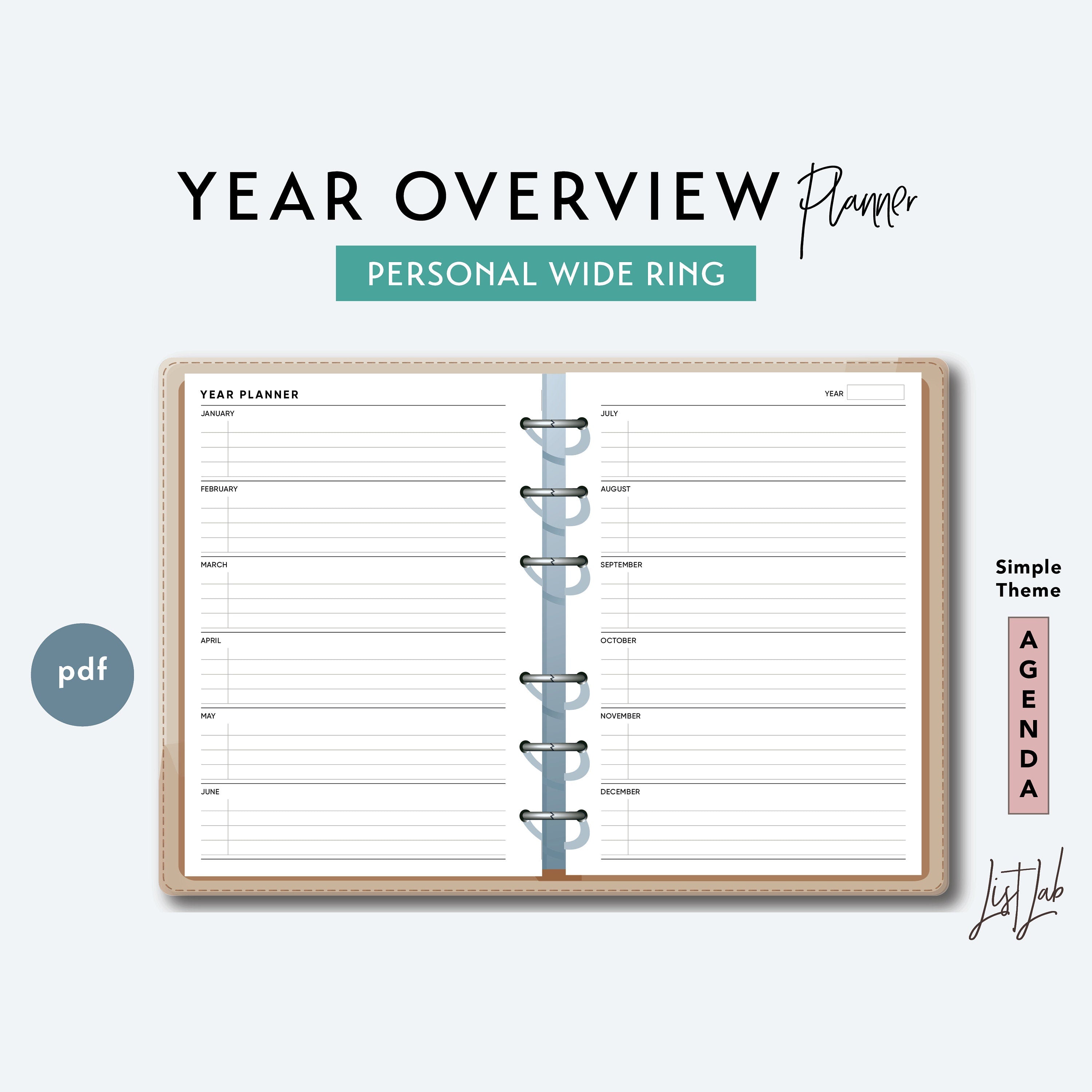 Personal Wide Ring YEAR OVERVIEW PLANNER Printable Insert Set