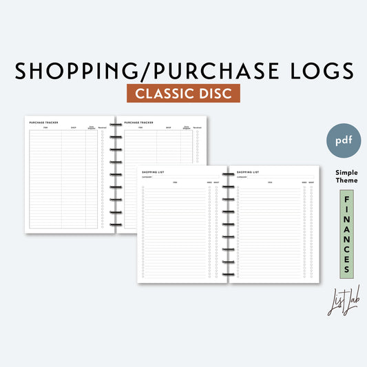 Classic Discbound SHOPPING LIST and PURCHASE TRACKER Set Printable Insert Set