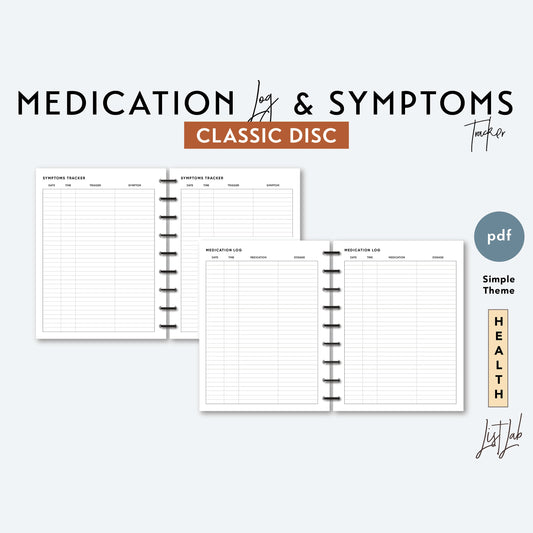 Classic Discbound MEDICATION Log and SYMPTOMS Trackers Printable Insert Set