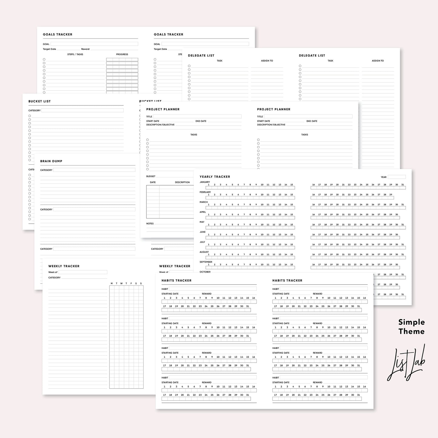 ECLP / A5 Wide Ring PRODUCTIVITY Kit Printable Insert Set