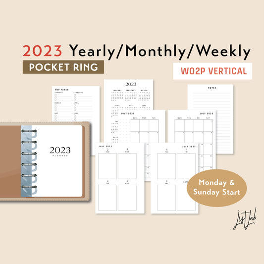 2023 POCKET RING Yearly Monthly Weekly VERTICAL Printable Planner Insert Set