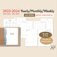 Aug 2023 - Dec 2024 A5 / RING Yearly Monthly Weekly HORIZONTAL Printable Planner Insert Set - BLANK Style