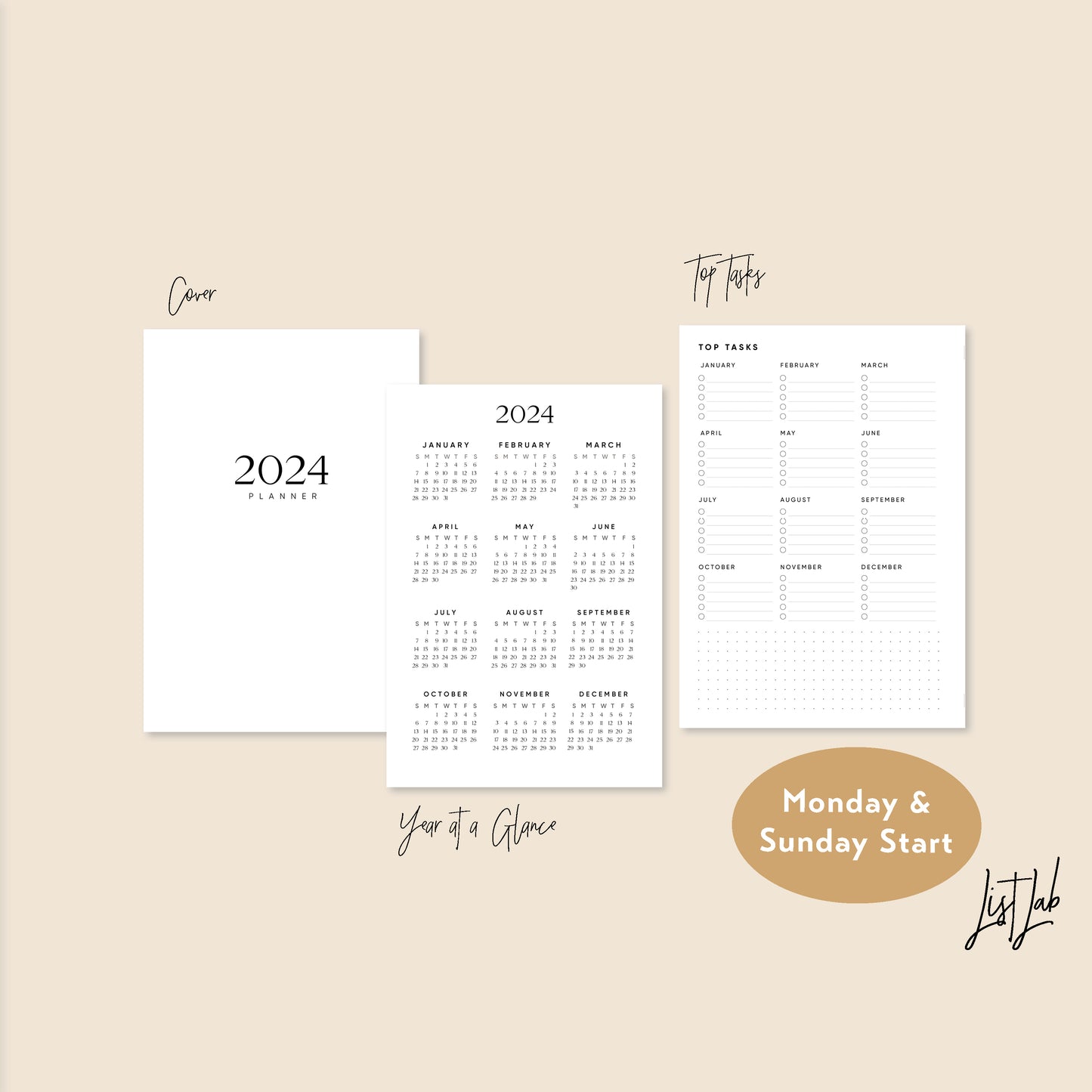 2024 A5 / RING Yearly Monthly Weekly HORIZONTAL Printable Planner Insert Set