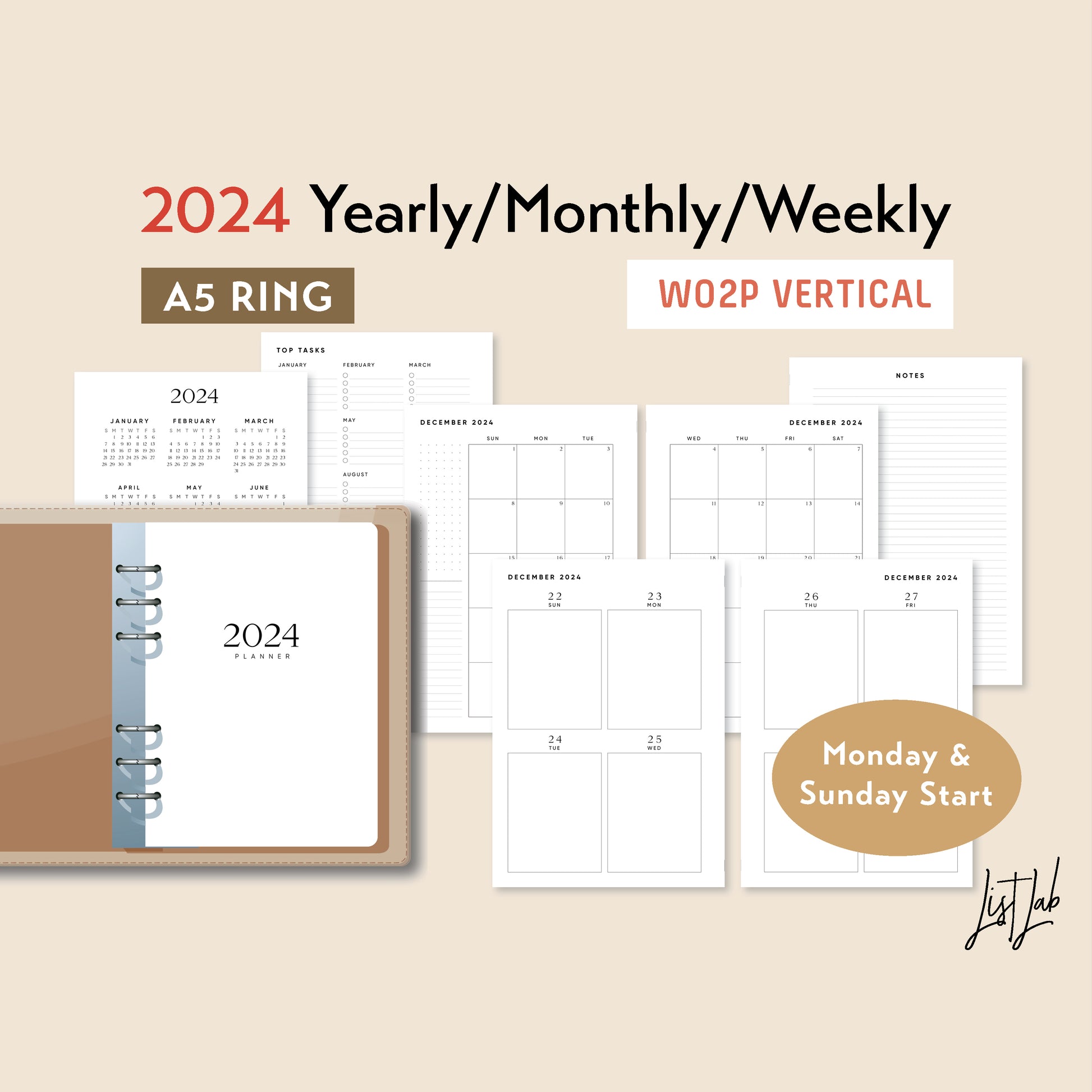 A5 Vertical Weekly Planner Printable Planner Inserts Week on 