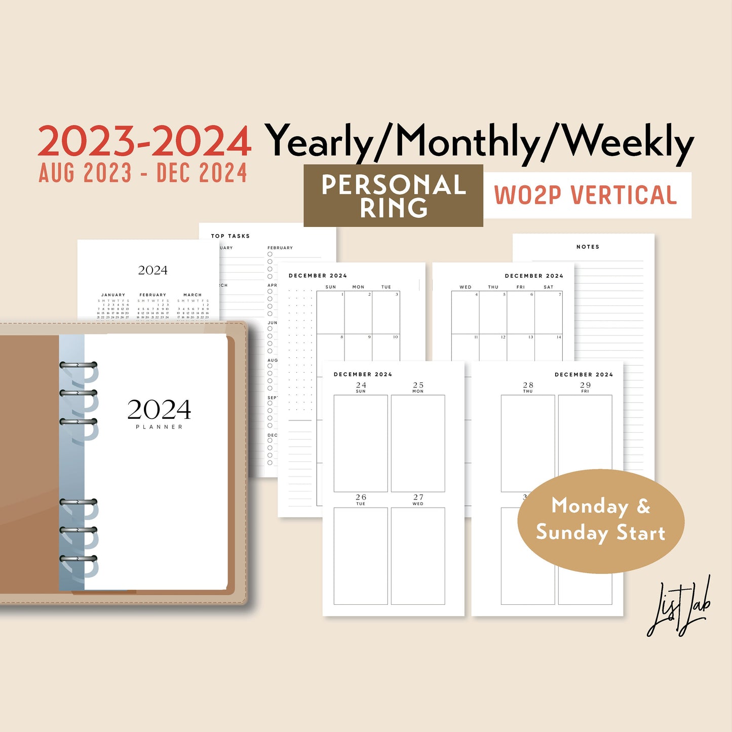 Aug 2023 - Dec 2024 Personal Ring Yearly/Monthly/Weekly Vertical Printable Set