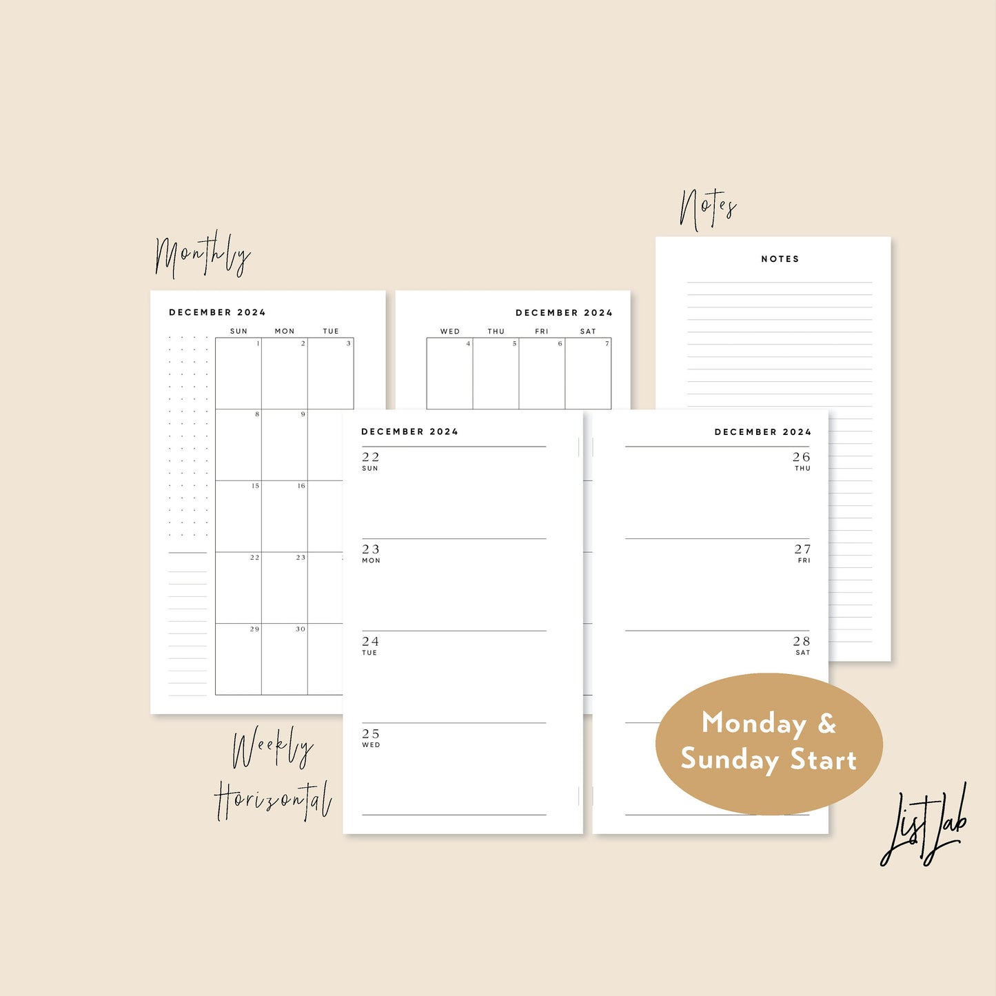 2024 Personal Ring Yearly/Monthly/Weekly Horizontal Printable Set