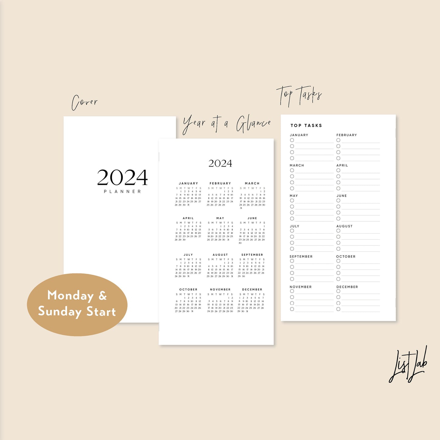 Sep 2023 - Dec 2024 Personal Ring Yearly/Monthly/Weekly Horizontal Printable Set
