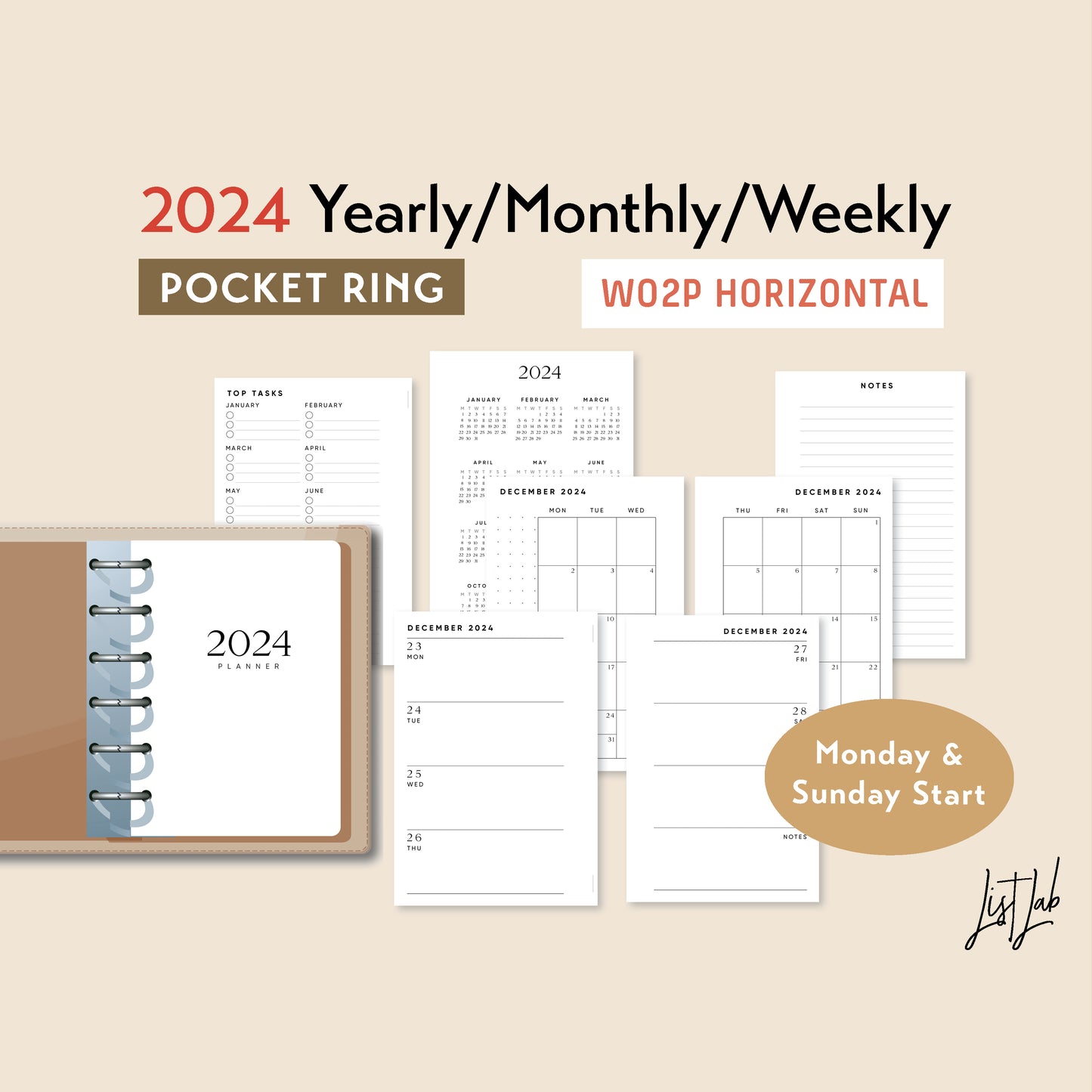2024 Pocket Ring Yearly/Monthly/Weekly Horizontal Printable Set