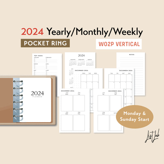 2024 Pocket Ring Yearly/Monthly/Weekly Vertical Printable Set