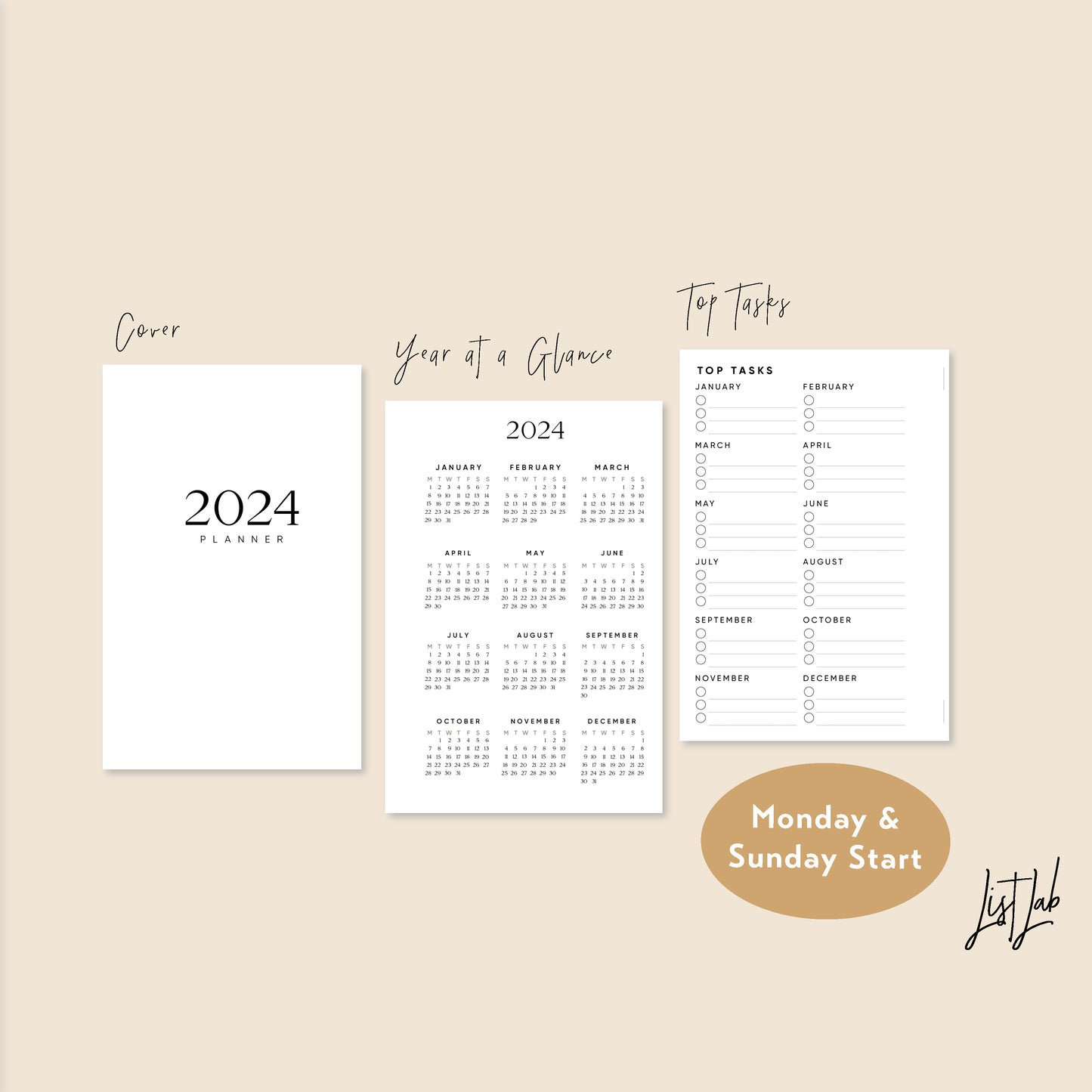 2024 Pocket Ring Yearly/Monthly/Weekly Vertical Printable Set