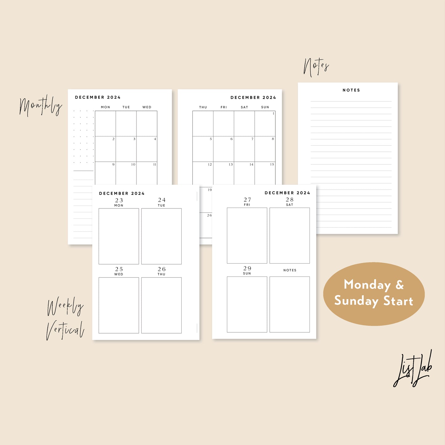 Aug 2023 - Dec 2024 Pocket Ring Yearly/Monthly/Weekly Vertical Printable Set