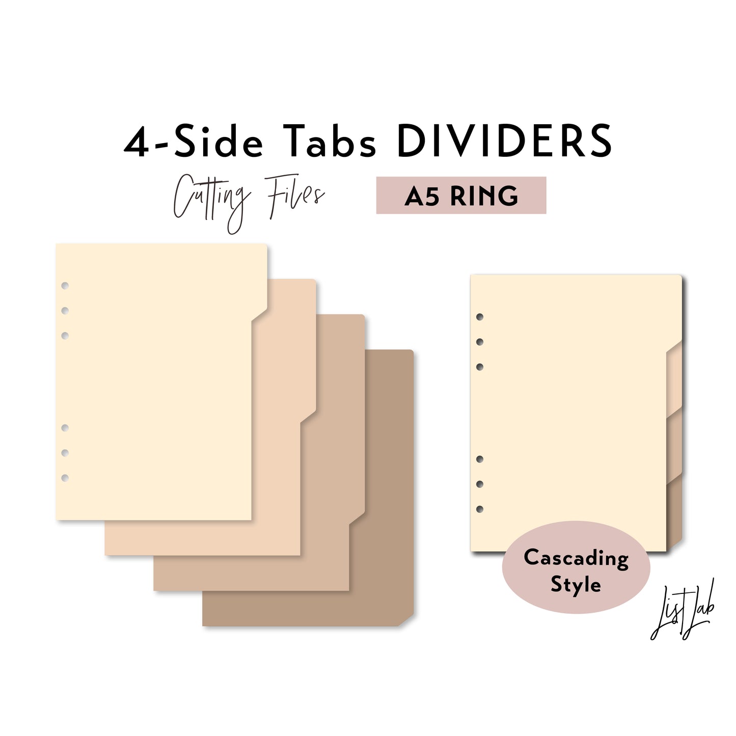 A5 Ring size 4-SIDE Cascading Tab Dividers Cutting Files Set
