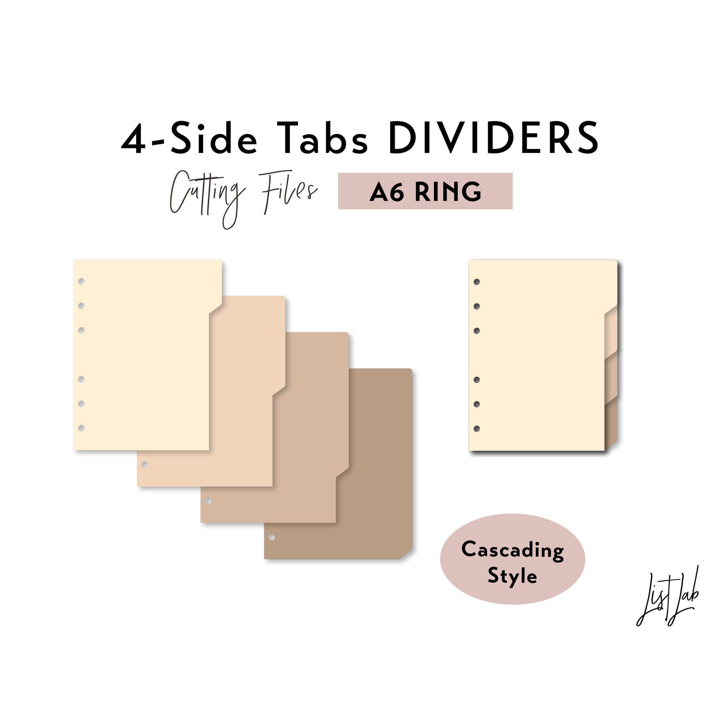 A6 Ring size 4-SIDE Cascading Tab Dividers Cutting Files Set