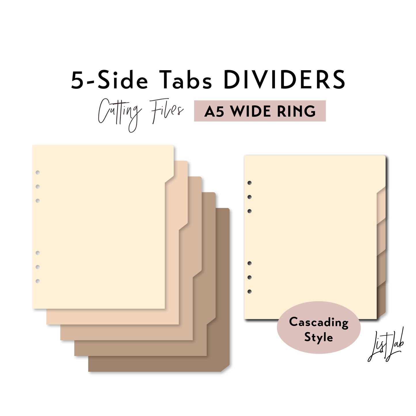 A5 WIDE Ring size 5-SIDE Cascading Tab Dividers Cutting Files Set