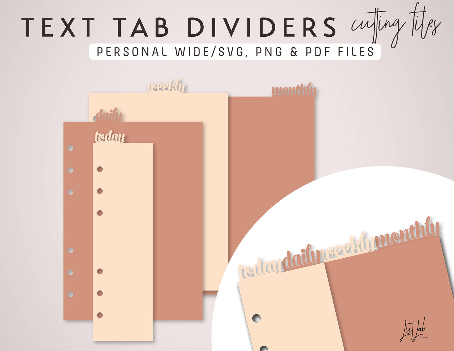 Personal Wide Ring TEXT TAB Dividers and Page Markers Cutting Files Set