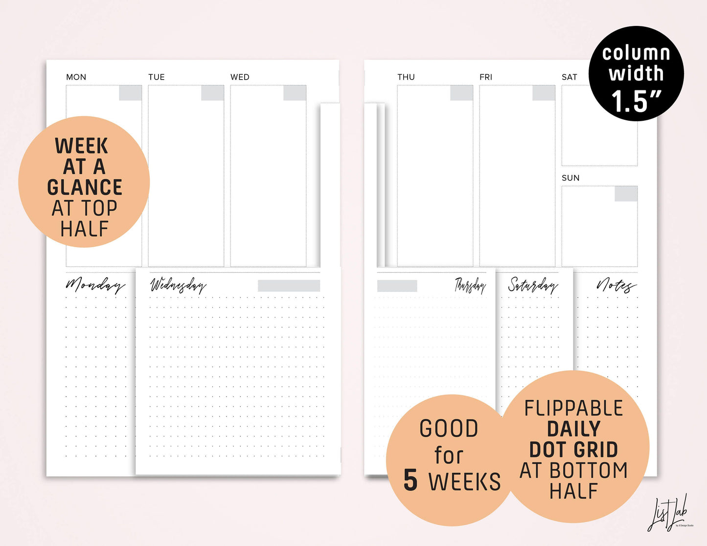 A5 / Half-letter Ring DUTCH DOOR Style Monthly-Weekly-Daily Dot Grid Printable Insert Set