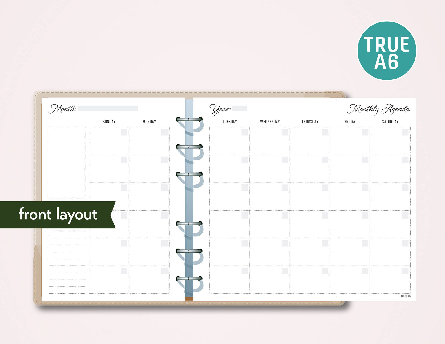 A6 Ring Size MONTH ON 2 PAGES WITH FOLD Printable Set