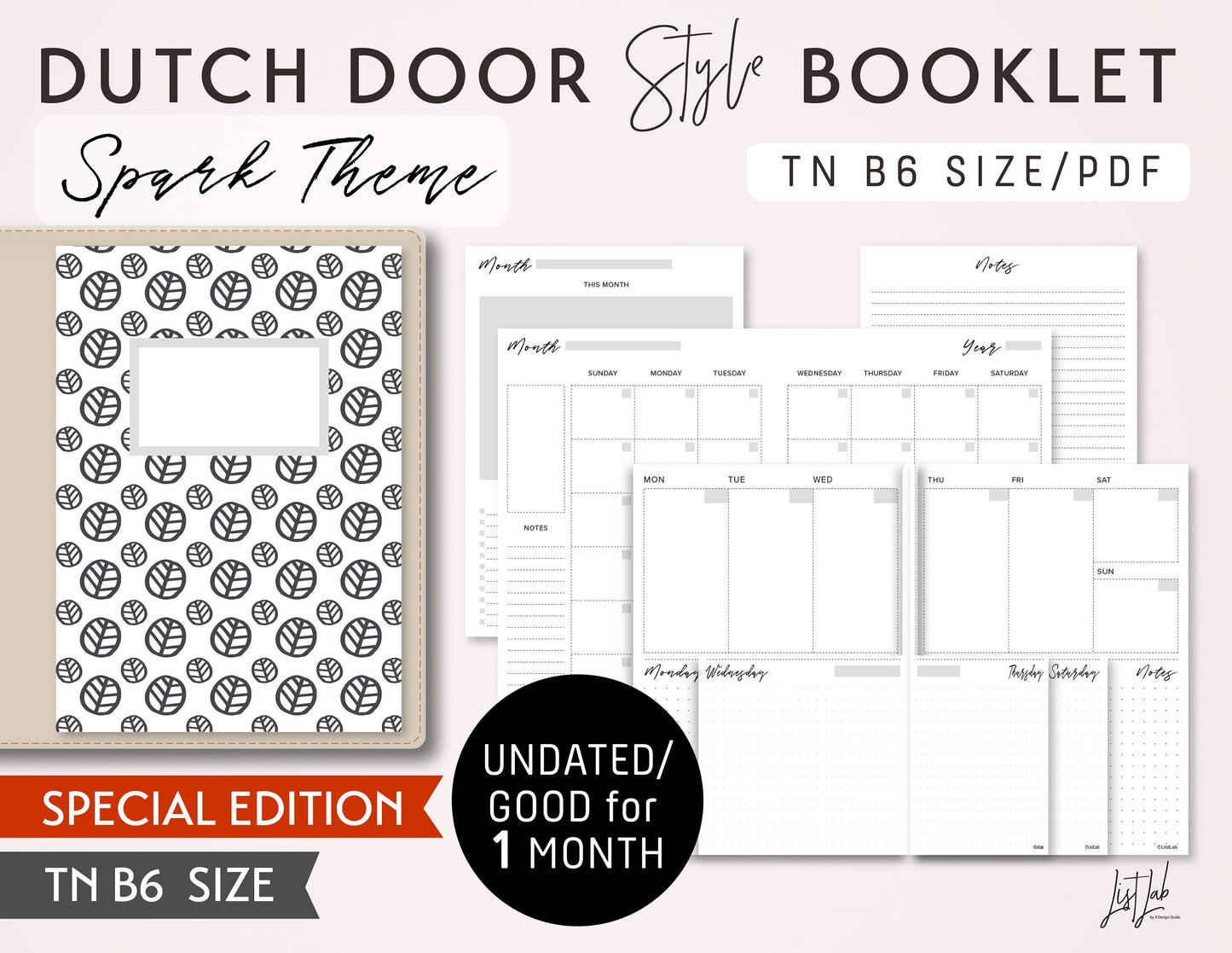 B6 TN DUTCH DOOR Style MONTHLY-WEEKLY-DAILY DOT GRID Printable Booklet Set
