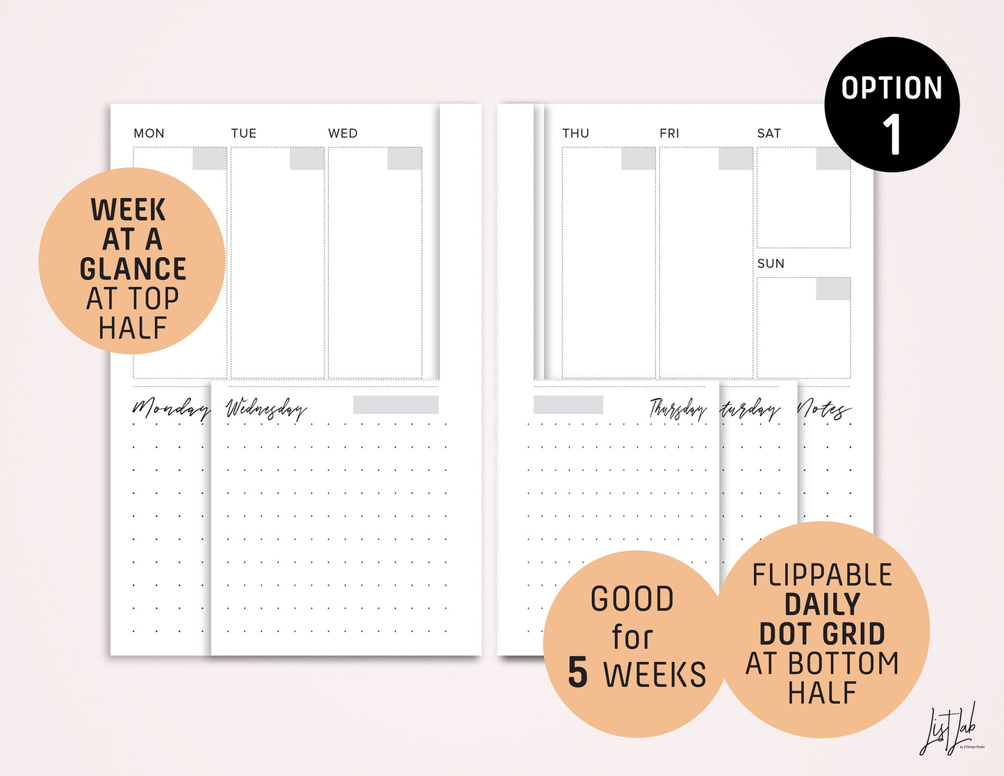 Pocket Ring DUTCH DOOR Style Size Monthly-Weekly-Daily Dot Grid Printable Insert Set