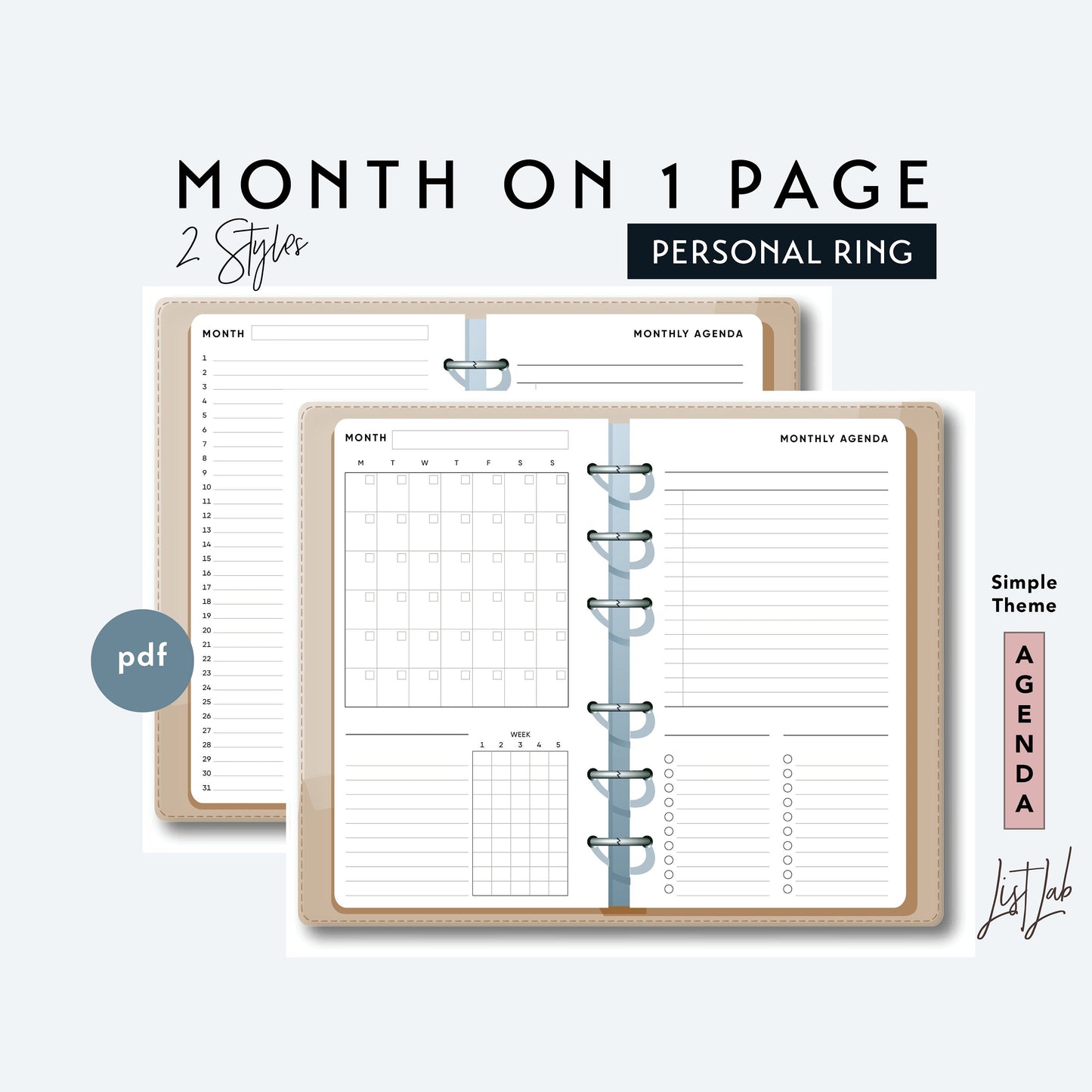 Personal Ring MONTH ON 1 PAGE Set with Lists and Tracker Printable Insert Set