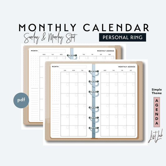 Personal Ring MONTH ON 2 PAGES CALENDAR  Printable Insert Set
