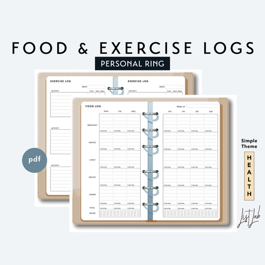 Personal Ring FOOD and EXERCISE LOGS  Printable Insert Set
