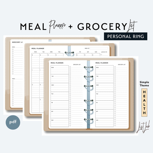 Personal Ring MEAL PLANNER and GROCERY List Printable Insert Set