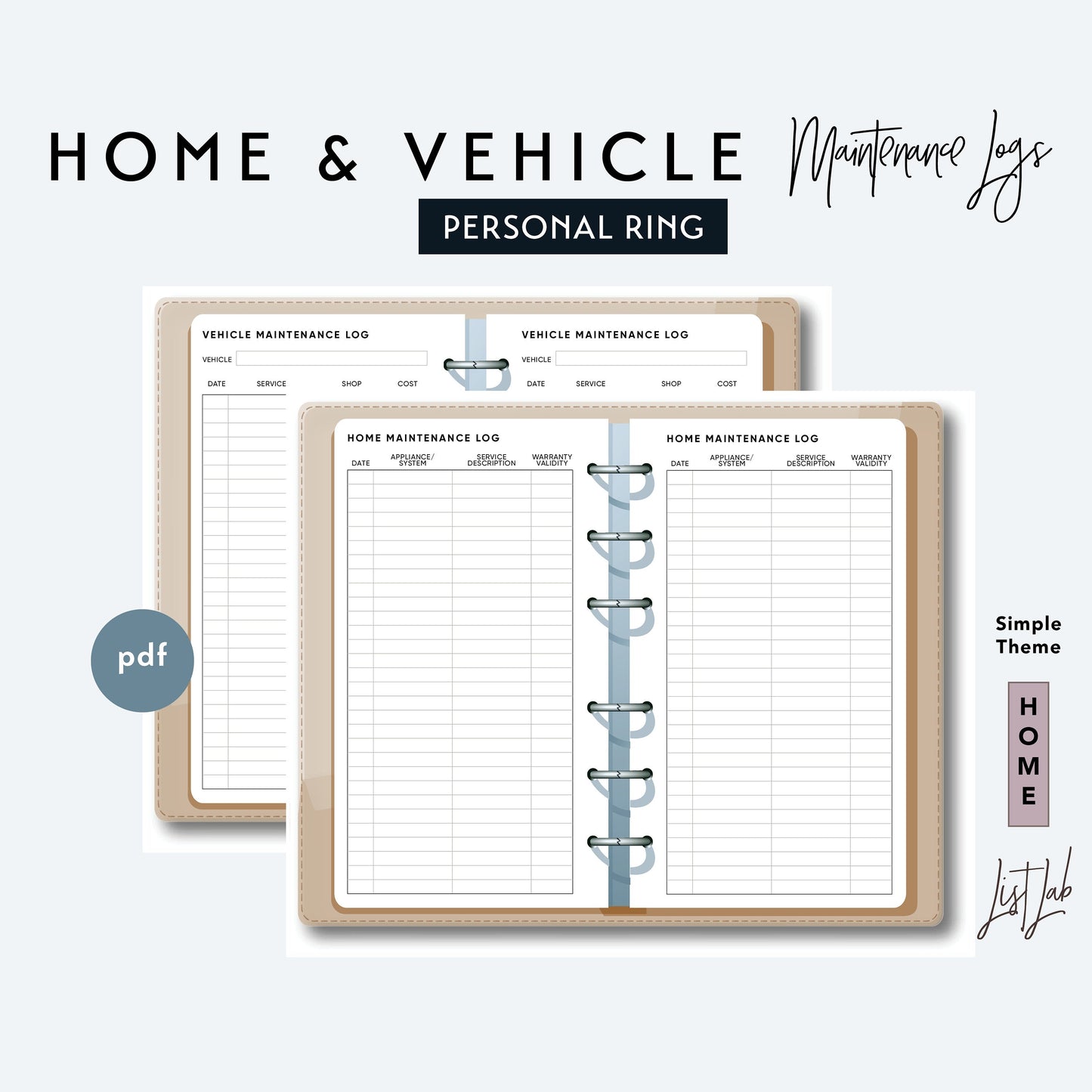 Personal Ring HOME and VEHICLE MAINTENANCE LOGS Printable Insert Set