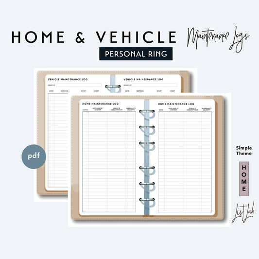 Personal Ring HOME and VEHICLE MAINTENANCE LOGS Printable Insert Set