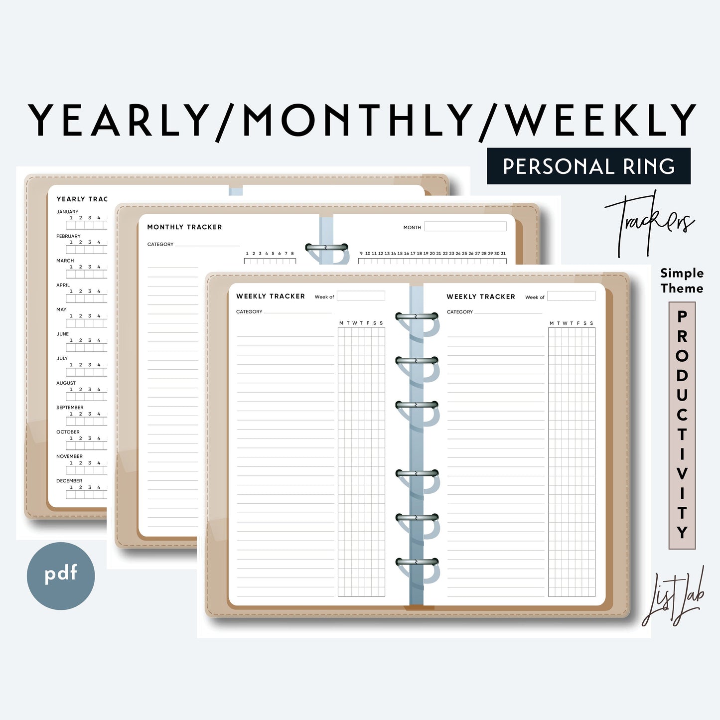 Personal Ring YEARLY, MONTHLY & WEEKLY TRACKERS Printable Insert Set