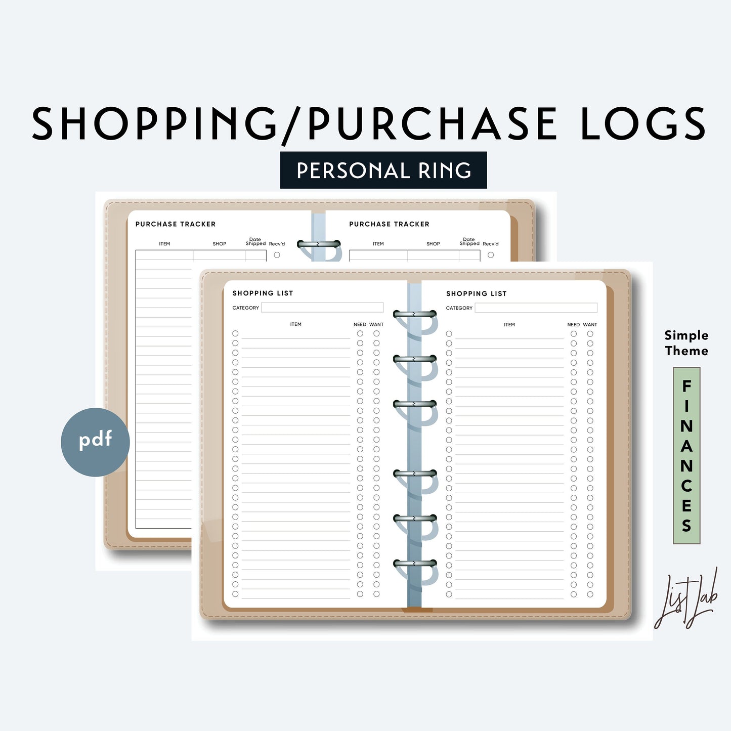 Personal Ring SHOPPING LIST and PURCHASE TRACKER Printable Insert Set