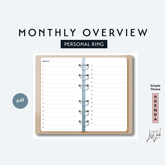 Personal Ring MONTHLY LIST OVERVIEW Printable Insert Set