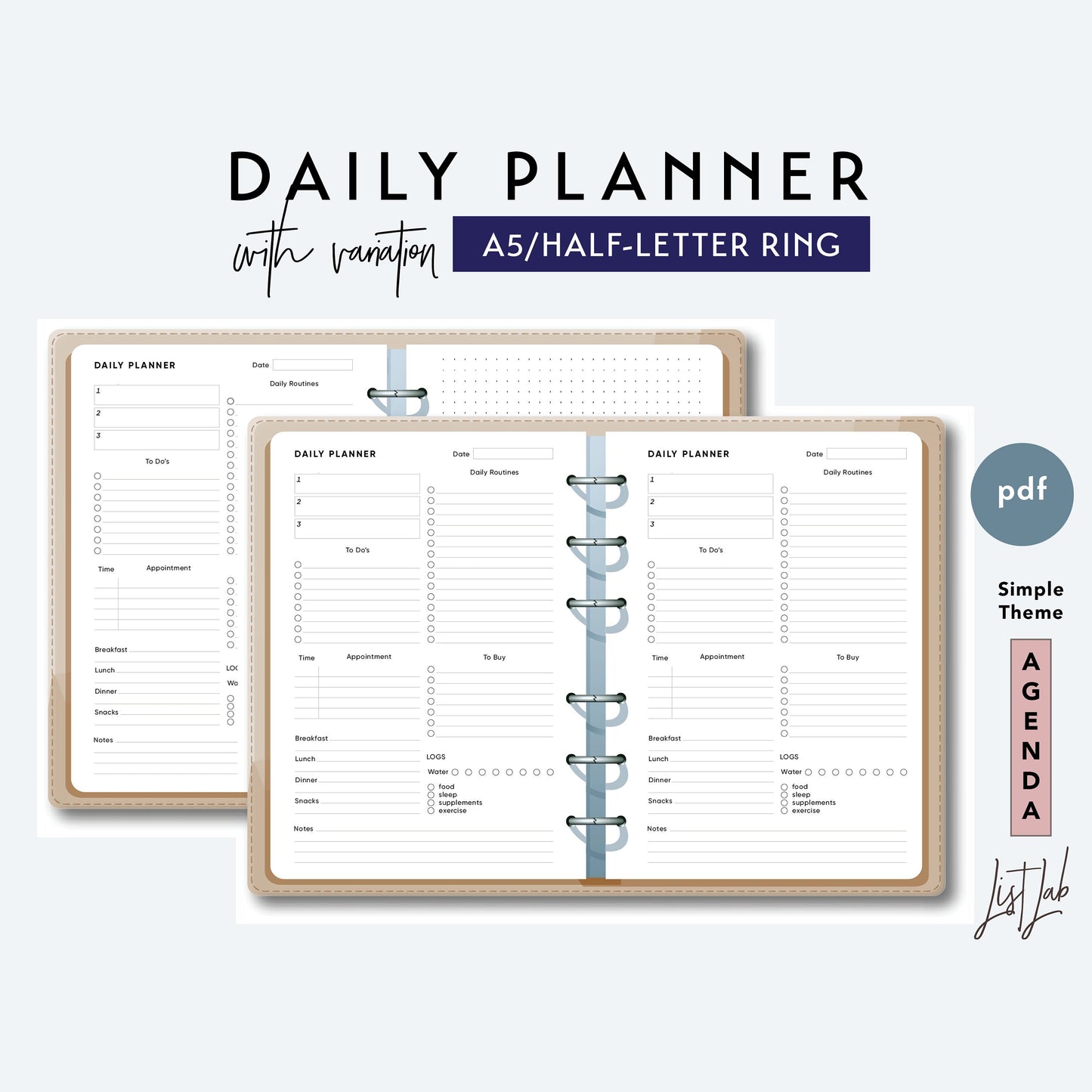 A5 and Half-Letter Ring DAILY PLANNER with Variation Printable Set
